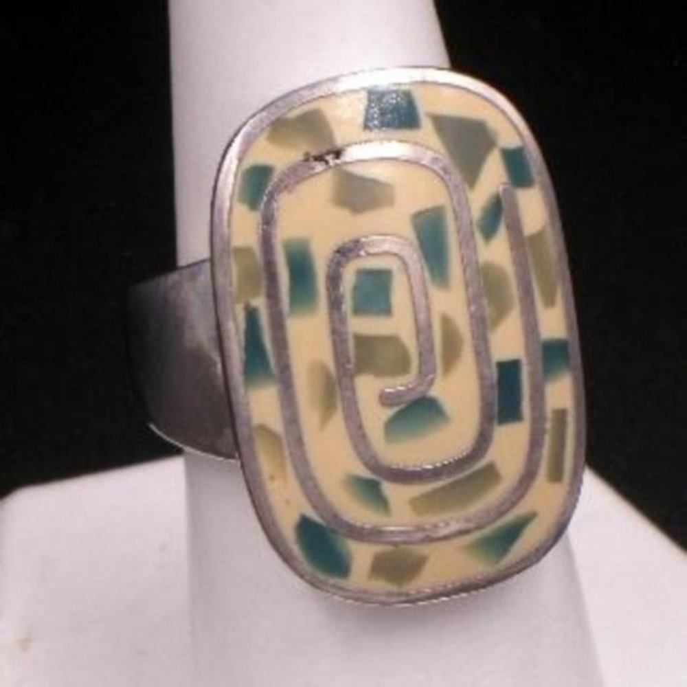 Vintage Enameled Sterling Labyrinth Ring Signed Lc